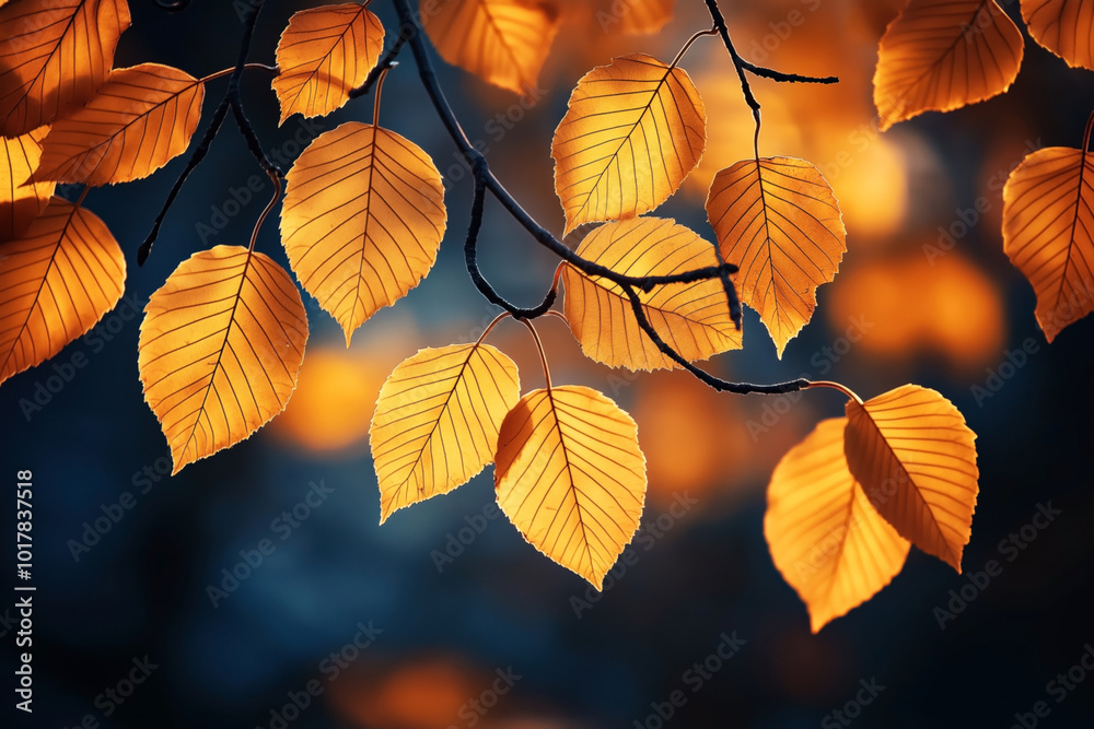 Close-up of several orange autumn leaves on tree branches with a blurred dark background, capturing warm light and vein details of the leaves.