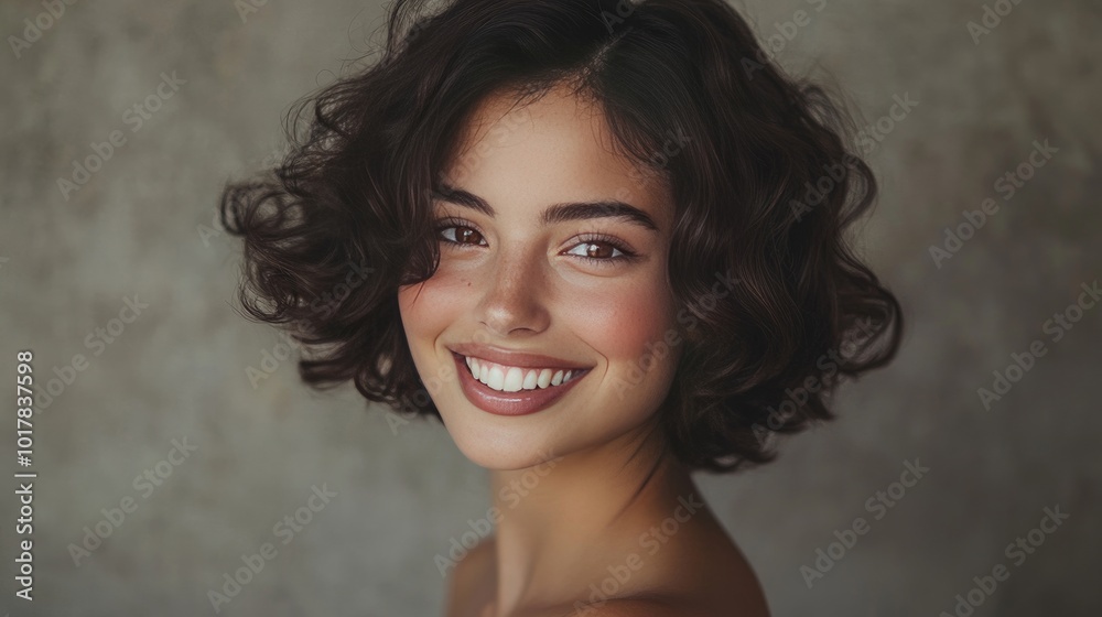 Lovely brunette with alluring curls, set against a plain background. Her curly, short hair conveys modern elegance, and her lovely grin beams happiness. Lovely brunette with alluring curls, set against a plain background. Her curly, short hair conveys modern elegance, and her lovely grin beams happiness.
