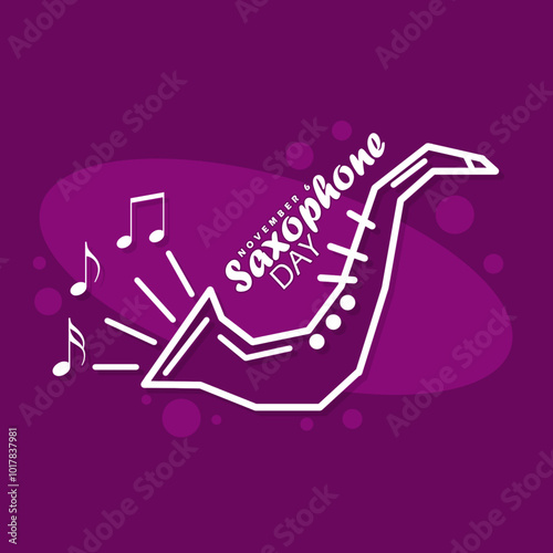 National Saxophone Day is celebrated on November 6. Line art illustration of a saxophone wind instrument with musical notes on a dark purple background. Music event banner