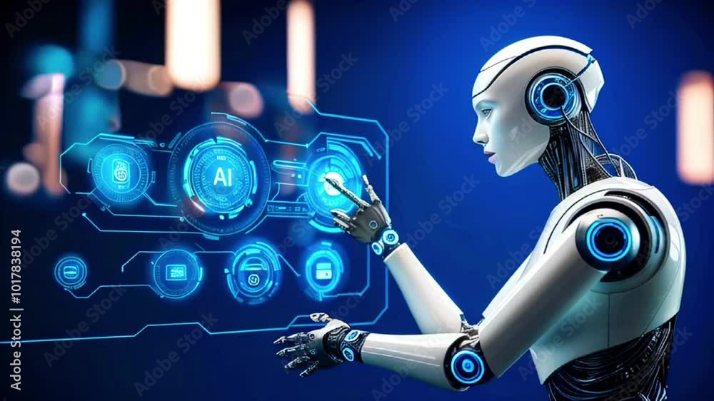 A humanoid robot with a white body and blue glowing lights interacts ...
