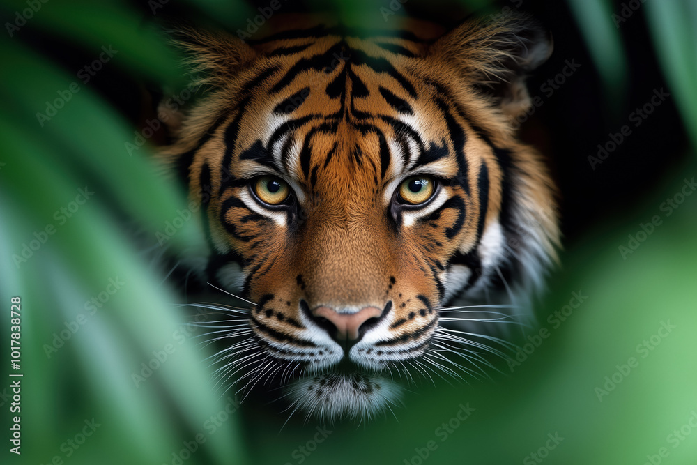 Close-up of a tiger's intense gaze through jungle foliage, symbolizing power, stealth, and wild beauty in nature. Close-up of a tiger's intense gaze through jungle foliage, symbolizing power, stealth, and wild beauty in nature.