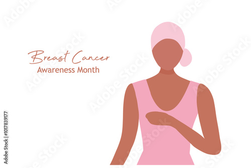 Breast cancer awareness for love and support. Beautiful young women touching her breast with pink ribbon brooch vector illustration. Breast cancer concept background