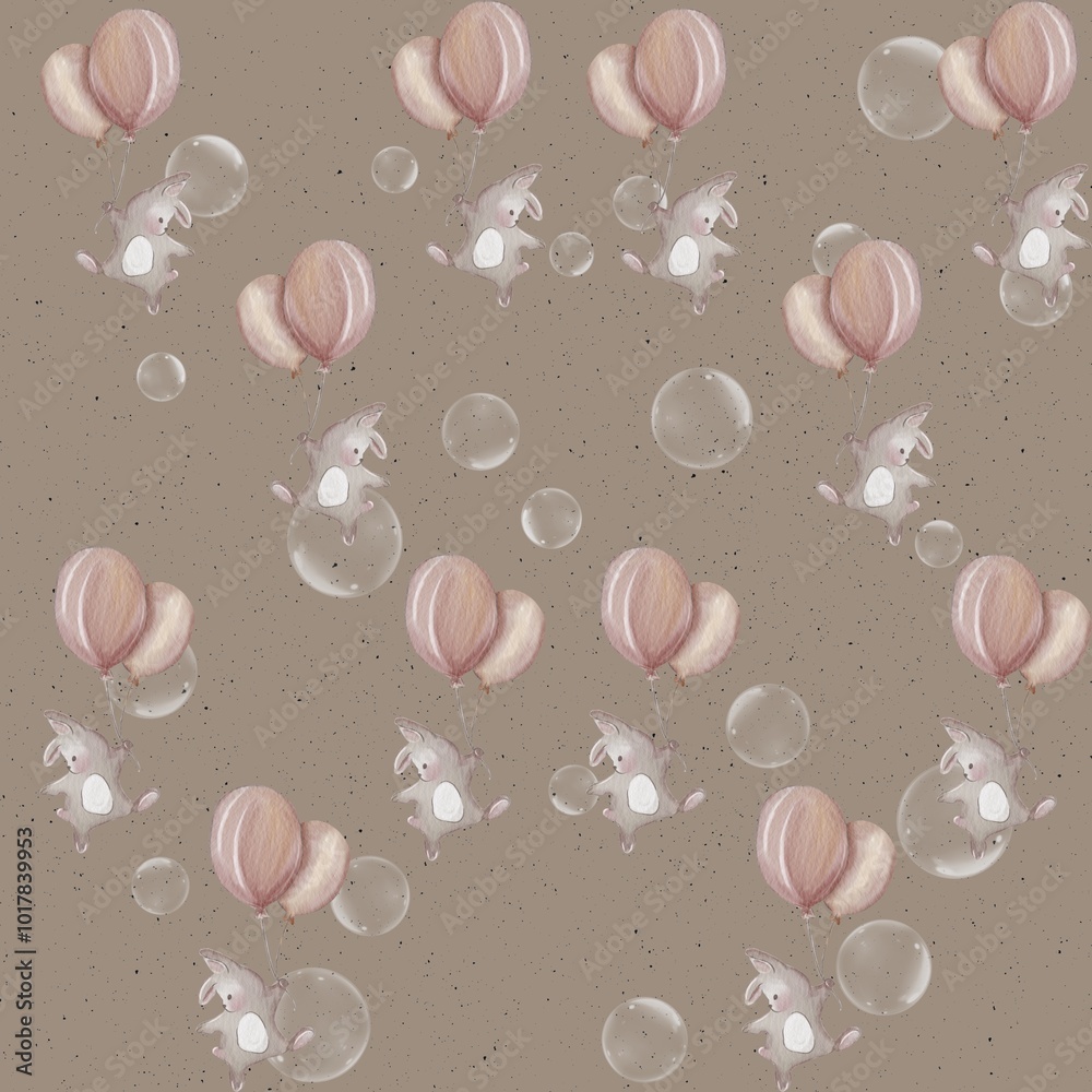 Whimsical rabbits floating with balloons and bubbles on a textured beige background Whimsical rabbits floating with balloons and bubbles on a textured beige background