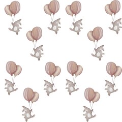 Fototapete Heißluftballon Cute bunnies with pastel balloons floating in a whimsical pattern on a bright background  © Yuliia Kostenko