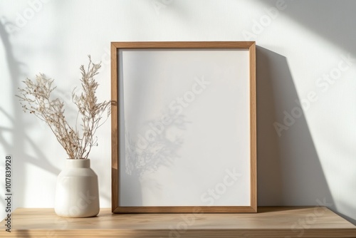 Minimalist wooden frame with blank canvas and vase of dried flowers on a simple table