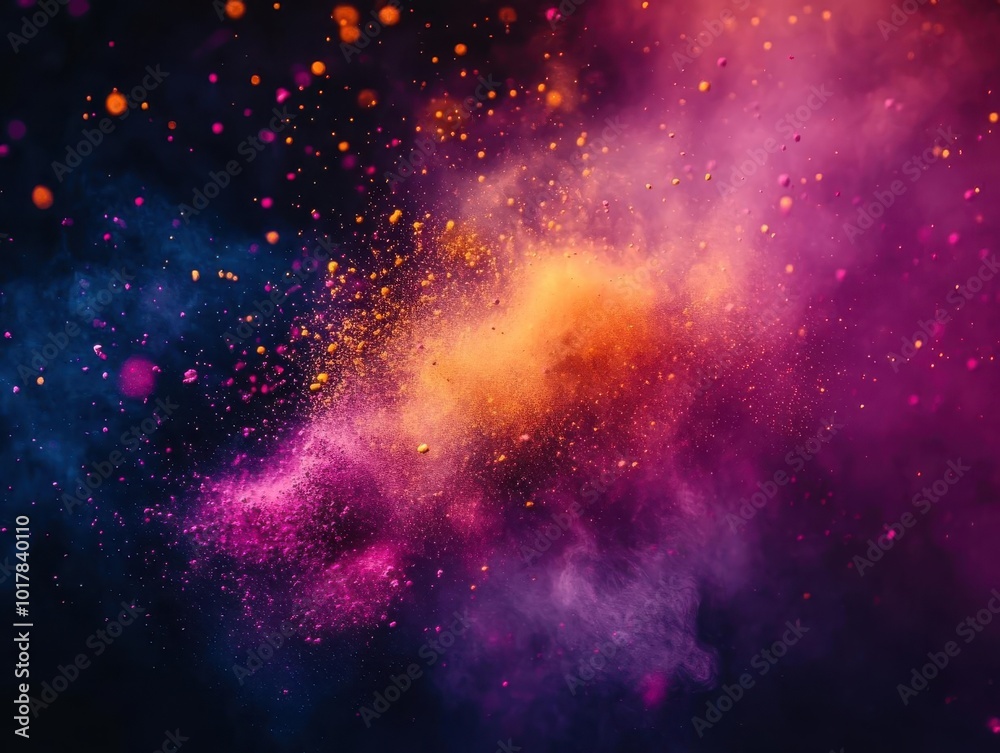Abstract explosion of colorful powder on dark background, creating a vibrant cloud of pink, orange, and purple particles in mid-air. Abstract explosion of colorful powder on dark background, creating a vibrant cloud of pink, orange, and purple particles in mid-air.