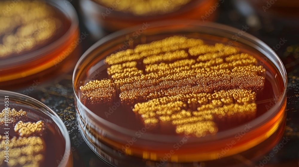 Close-up of petri dishes with golden bacterial colonies for scientific research. Close-up of petri dishes with golden bacterial colonies for scientific research.