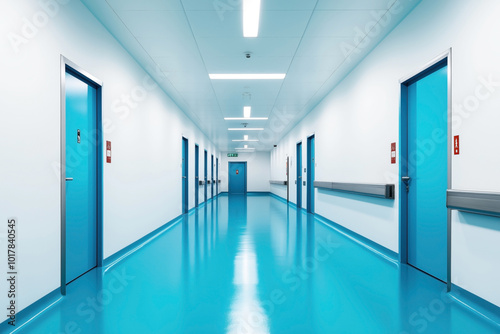 Bright, clean hallway in a modern medical facility with blue doors and shiny blue flooring. Fluorescent lights illuminate the space, creating a sterile environment.