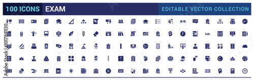 Exam solid icons set. Related to test, score, quiz, results. Glyph icon collection for web and ui. Filled icon pack, Vector illustration. Editable and pixel perfect.