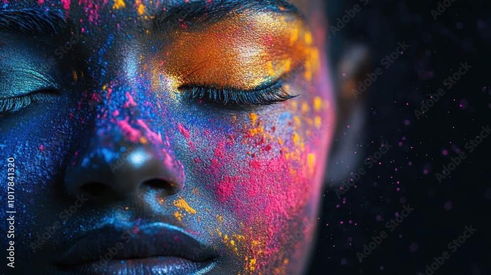 Close-up of woman's face covered in vibrant, colorful powder with eyes closed, creating a striking and artistic portrait on a dark background. Close-up of woman's face covered in vibrant, colorful powder with eyes closed, creating a striking and artistic portrait on a dark background.