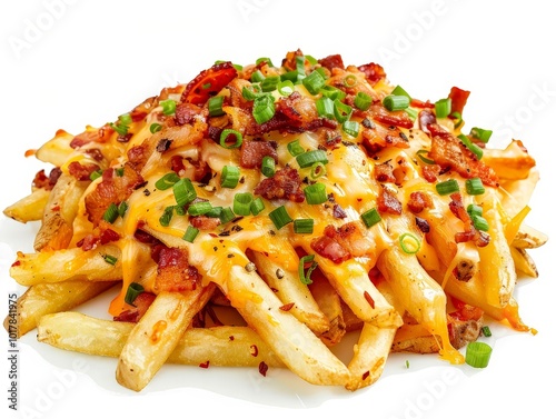 Loaded French Fries with Bacon, Cheese, and Green Onions Isolated On White Background