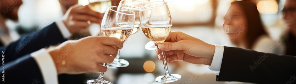 A toast with sparkling drinks in a celebratory setting. A toast with sparkling drinks in a celebratory setting.
