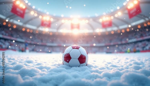 Soccer ball sitting on snow-covered pitch at stadium with bright lights and festive atmosphere, Boxing Day Sports background, copy space