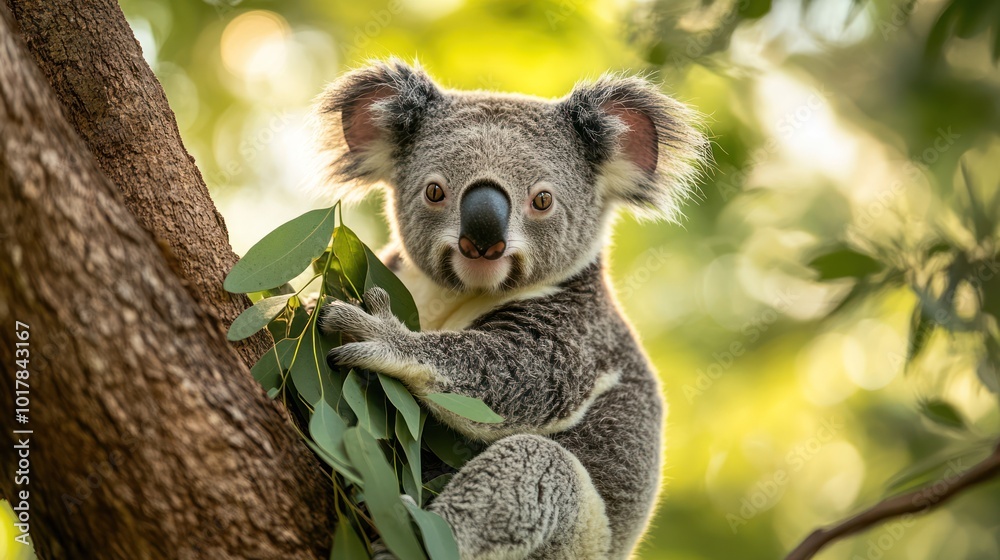 Fototapeta premium A cute koala bear sits on a tree branch, looking directly at the camera.