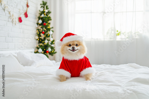 A pomeranian in a Santa Claus costume is sitting on a white bed in a bright room