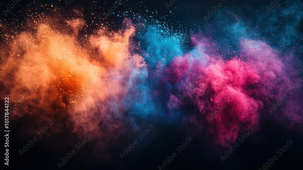 Vivid and colorful explosion of powder on a dark background, creating a mesmerizing abstract design with orange, blue, and pink hues.