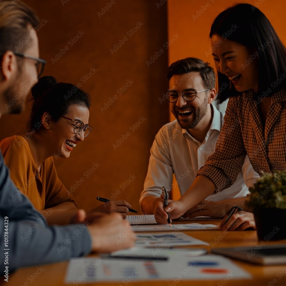 Fototapeta premium Group of colleagues discussing and brainstorming, business meeting room. Happy business people, diverse multi cultural men and women, 