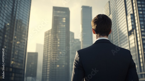 Businessman Overlooking City Skyline at Sunrise