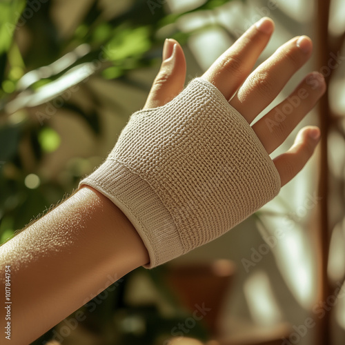 Close-up of a person adjusting the straps of an adjustable support bandage on their wrist