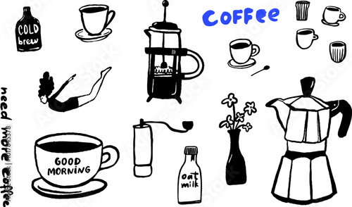 Coffee brewing doodle set, trendy line illustrations for coffee lovers, modern bold black art on white. Cups, mug, french press and moka pot icons. Manual mill drawing, flower vase, cold brew and oat