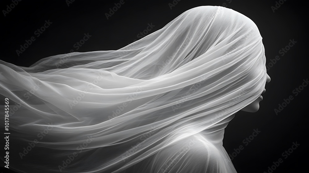 A woman's face is obscured by a flowing white veil, creating a sense of mystery and intrigue. A woman's face is obscured by a flowing white veil, creating a sense of mystery and intrigue.