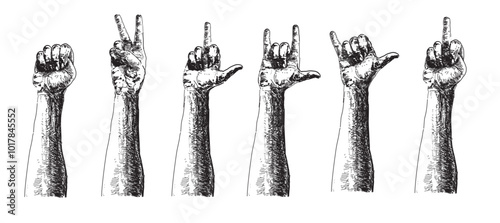  different types signs hands with different skin color people fight rock gesture linear realistic illustration on white background