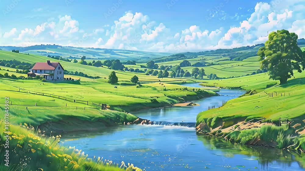Idyllic Countryside with a Winding River and Farmhouse