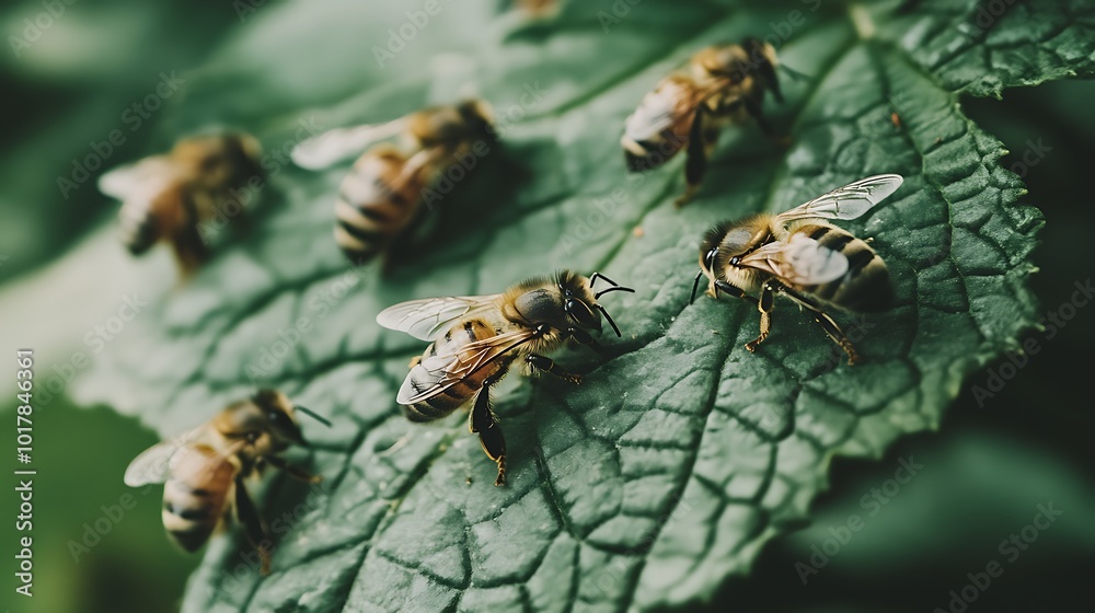 Fototapeta premium A Cluster of Bees Resting on a Large Green Leaf