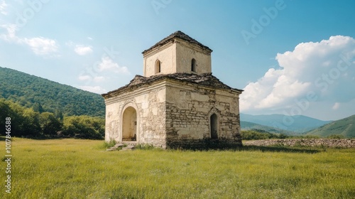 Exploring an Ancient Stone Chapel Amidst Lush Green Mountains and Blue Skies