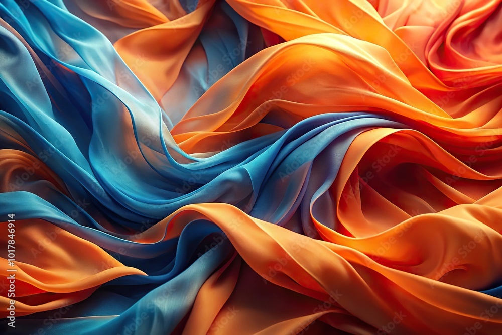 Abstract background of flowing fabric waves in orange and blue colors with Depth of Field Abstract background of flowing fabric waves in orange and blue colors with Depth of Field