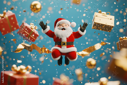 Happy santa claus jumping high among gift boxes. photo