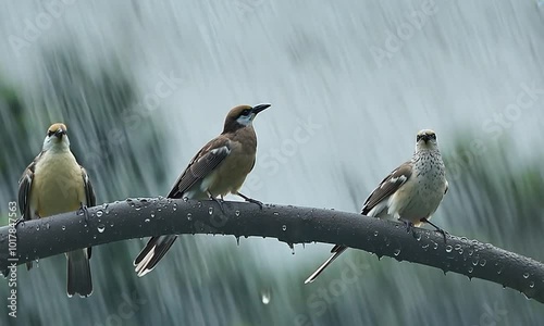Three Birds on a Branch in the Rain