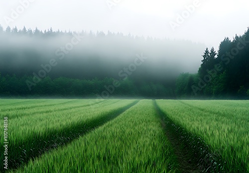 A large green wheat field with trees in the background, a foggy morning