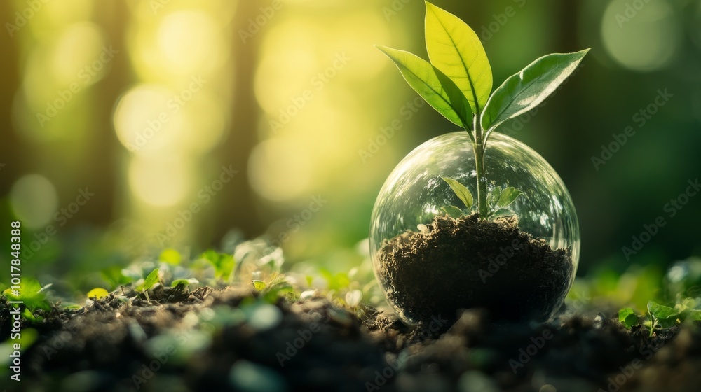 A sprout emerges from the soil within a glass orb, symbolizing growth and environmental sustainability in a serene, green setting. A sprout emerges from the soil within a glass orb, symbolizing growth and environmental sustainability in a serene, green setting.