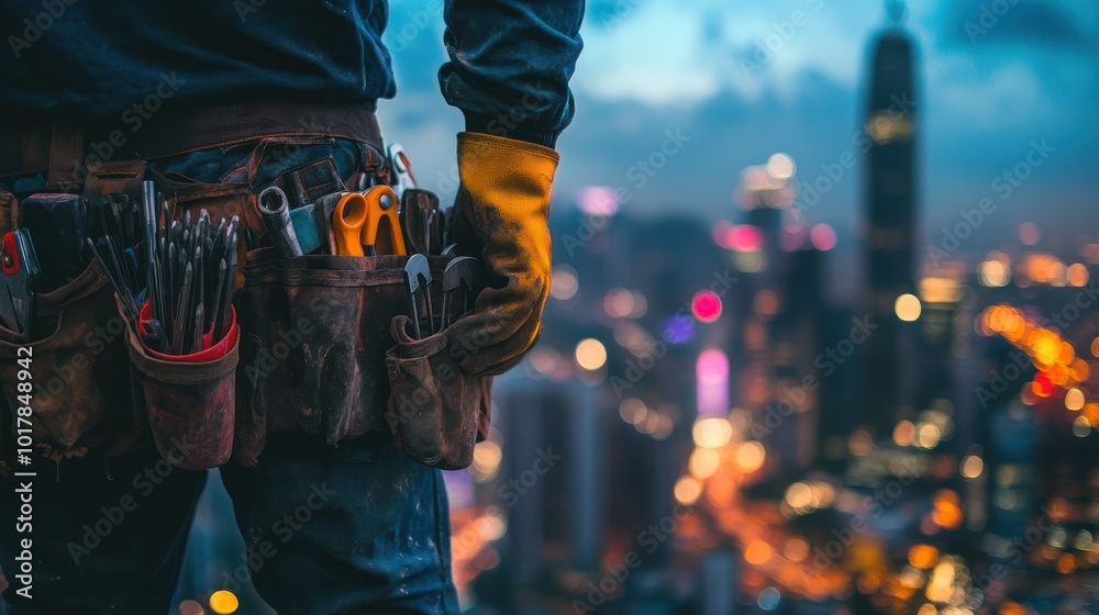 Close-up of construction workers hands holding tools and materials with a blurred city skyline in the background Close-up of construction workers hands holding tools and materials with a blurred city skyline in the background