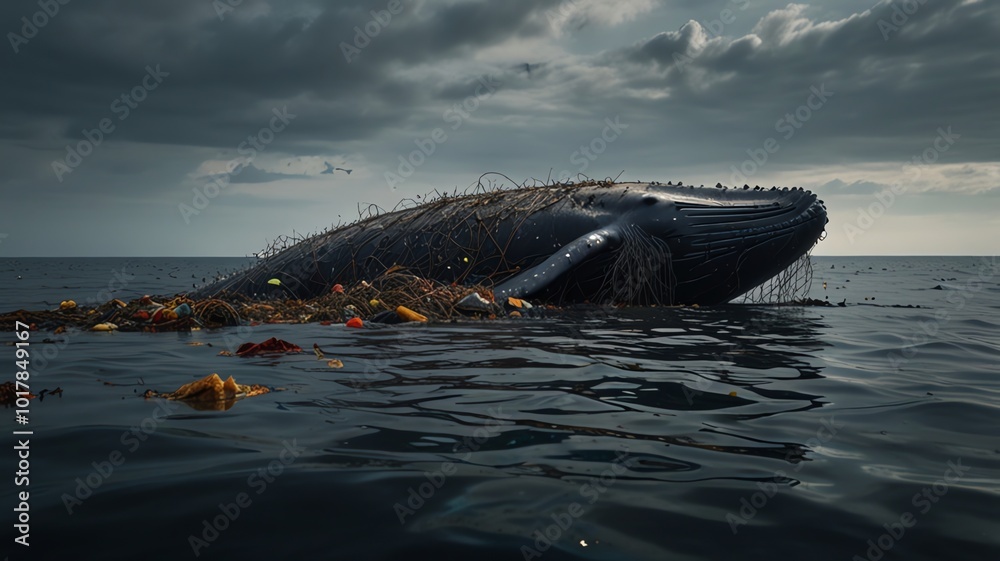 Fototapeta premium a whale is swimming in the ocean with a group of seagulls.
