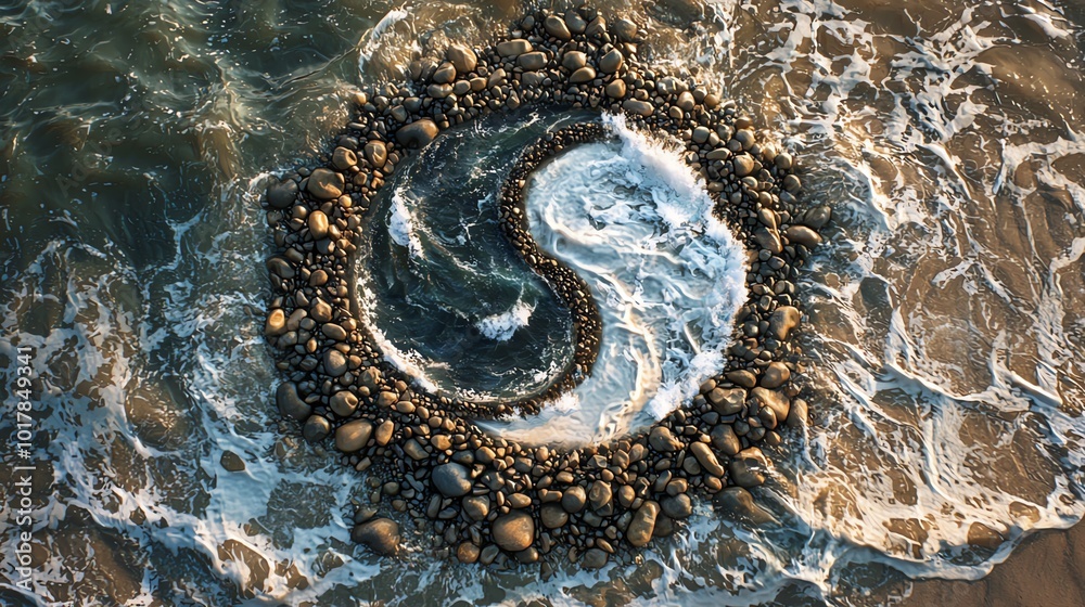 Aerial view of natural yin-yang pattern formed by stones and waves on a beach. Aerial view of natural yin-yang pattern formed by stones and waves on a beach.