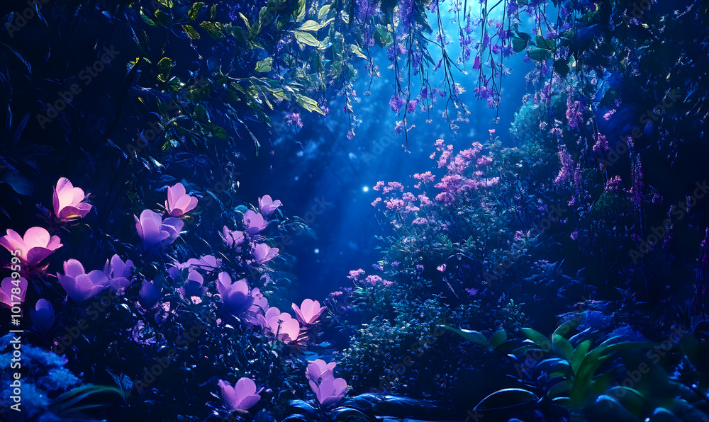 Fototapeta premium Dreamlike Landscapes and Mystical Gardens with Vibrant Flowers and Glowing Nature