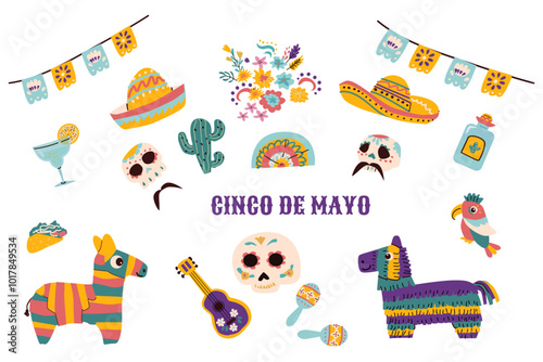 Cinco de Mayo elements. Mexican fiesta, bright festival decorations - pinata horse, cactus, sugar skull, sombrero, bunting flags, guitar, tako, tequila, parrot, maracas and flowers, floral elements.