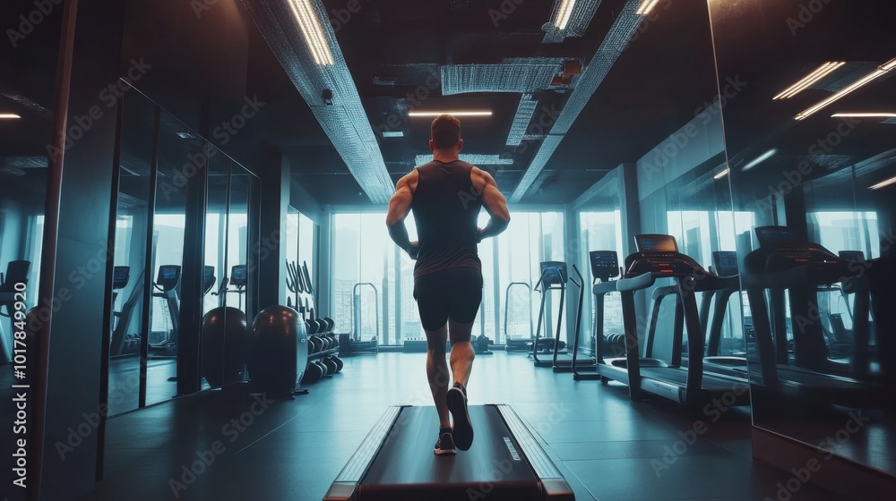 Fototapeta premium Athletic runner on a treadmill in a modern gym, moving with determination, surrounded by high-end fitness equipment.