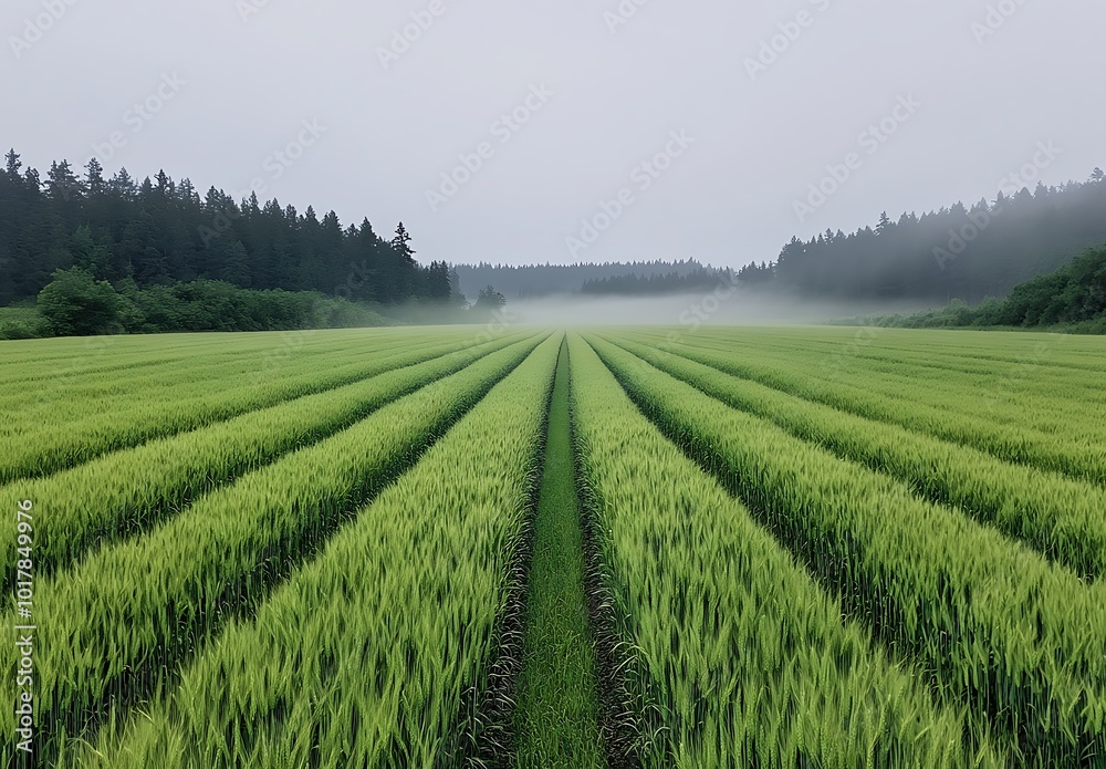 A large green wheat field with trees in the background, a foggy morning A large green wheat field with trees in the background, a foggy morning