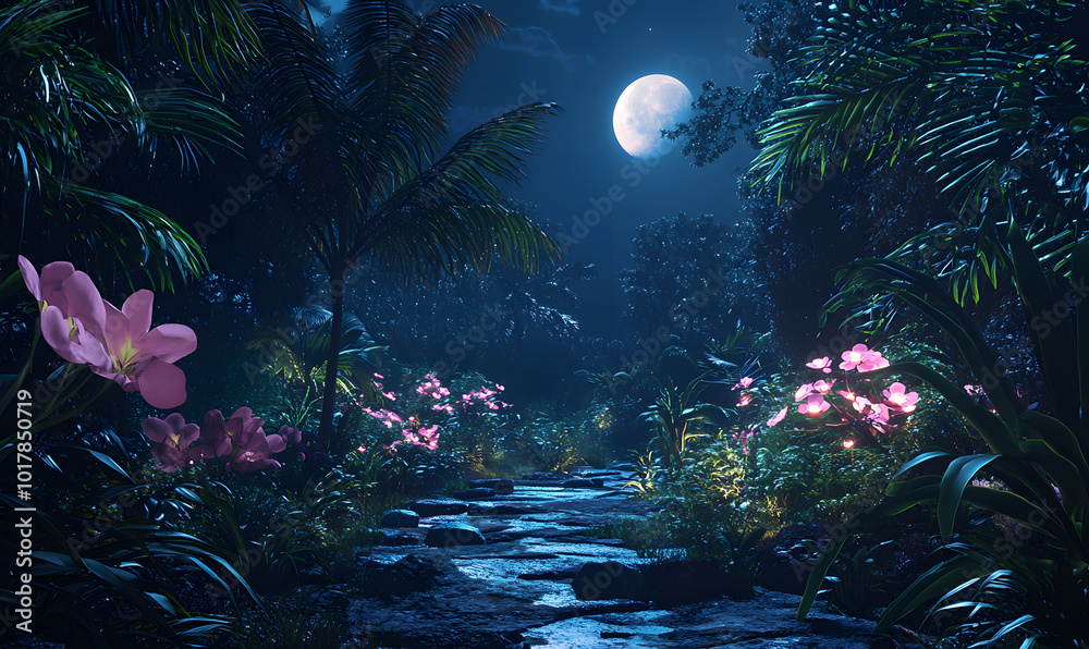 Obraz premium Dreamlike Landscapes and Mystical Gardens with Vibrant Flowers and Glowing Nature