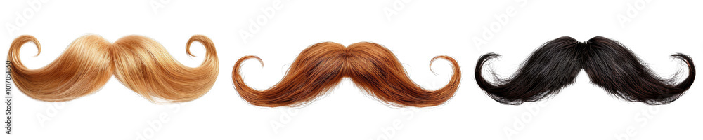 Three different colored mustaches are shown in a row Three different colored mustaches are shown in a row