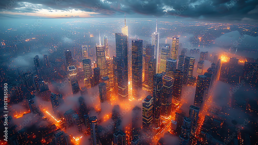 Fototapeta premium Dark urban landscape with golden night lights, background image of the city's skyscrapers, aerial view