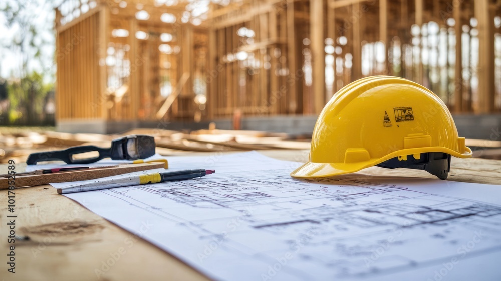 A construction blueprint spread out on a table with tools and a hard hat nearby, surrounded by the framework of a new building Close-up photo with clean background A construction blueprint spread out on a table with tools and a hard hat nearby, surrounded by the framework of a new building Close-up photo with clean background
