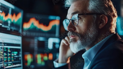 A focused businessman analyzes data on multiple screens, illustrating the intersection of finance and technology in a modern work environment.