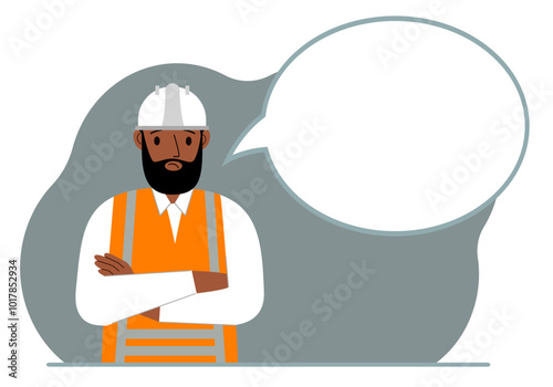 A male builder in a white helmet and vest, next to a white bubble of thoughts. Plans, thoughts, places, strategies. Vector flat illustration.