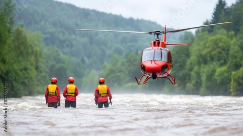Rescue helicopter assisting search team in flood waters, dramatic landscape
