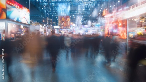 Wallpaper Mural A dynamic scene at a busy trade fair with blurred figures of people networking and interacting around modern exhibition booths, capturing the energy and movement of a vibrant business event Torontodigital.ca