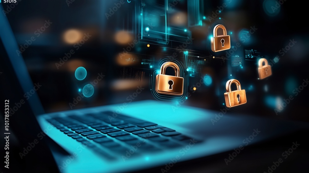 Laptop with Glowing Padlock Holograms - Cybersecurity, Internet Security, Data Protection, Blockchain, and Online Privacy Concept Background Laptop with Glowing Padlock Holograms - Cybersecurity, Internet Security, Data Protection, Blockchain, and Online Privacy Concept Background